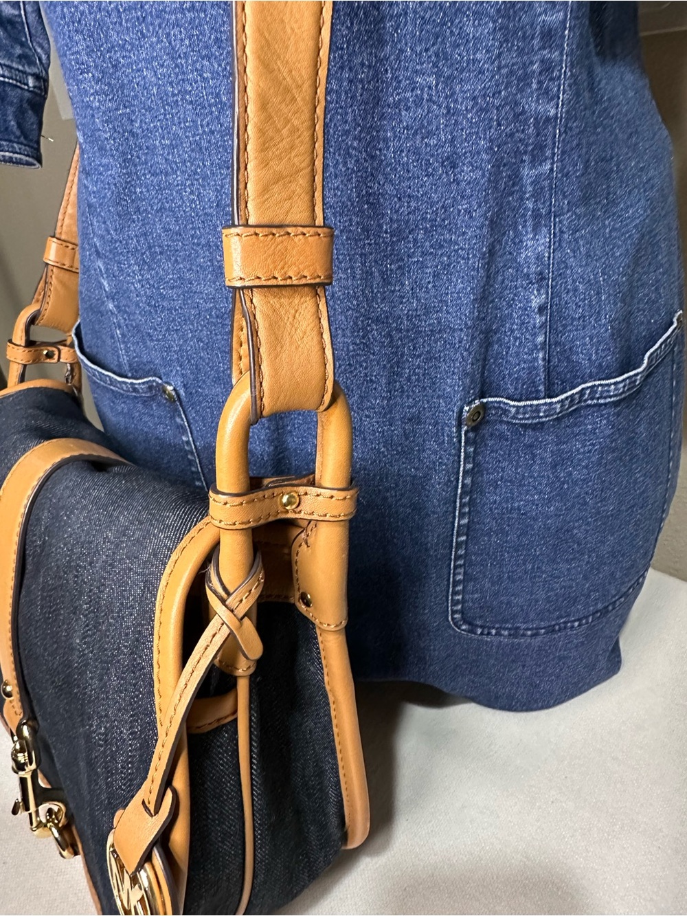 Michael Kors Jamie Denim and Tan Leather Crossbody Saddle Bag - Picture 3 of 14